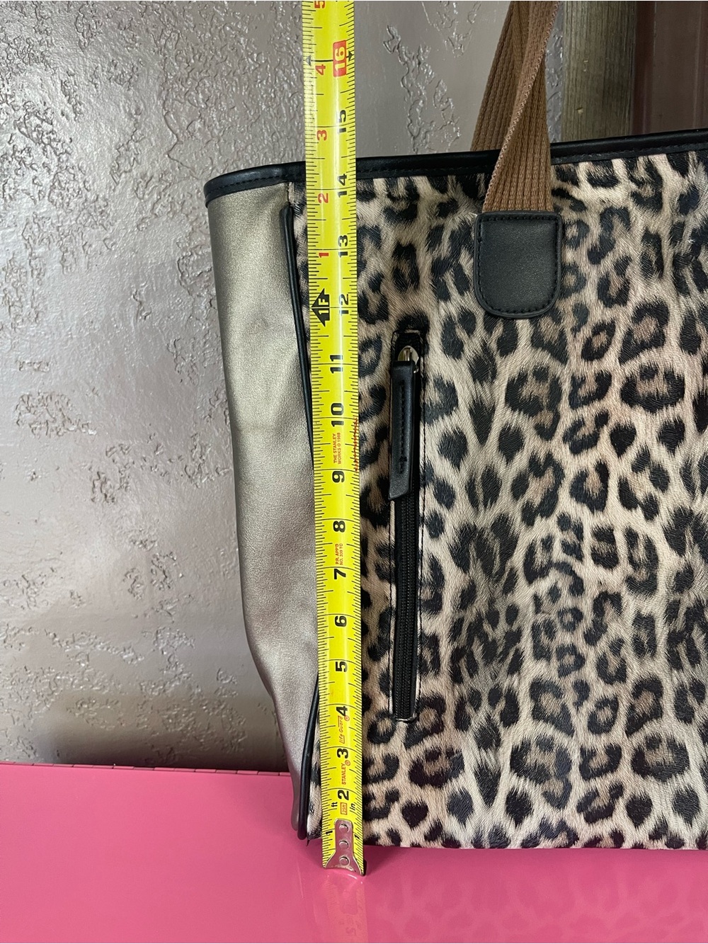 Cheetah Print Tote Bag with Metallic Side Panels - Brown - Picture 3 of 10